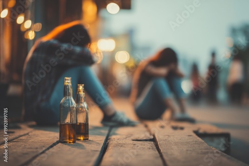 Two people sitting on a street with empty bottles nearby conveying a sense of lost moments and reflection in an urban setting during twilight. Generative AI