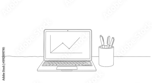 Laptop with financial graph and pens on desk, clean line art illustration