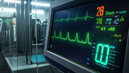 Close-up of a medical monitor displaying vital signs and an EKG waveform.