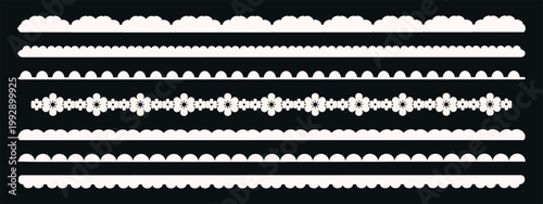 White lace border trims set. Scalloped edges: cloud shapes, semicircles, floral cutouts, wavy frills. Vintage ribbon stripes for card, invitation, frame decoration, textile design. Vector.