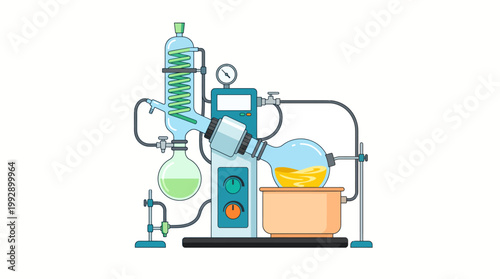 A laboratory setup with various equipment and glassware for chemical experiments