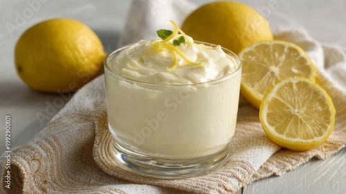 Delicious lemon cheesecake mousse served in a glass bowl with fresh lemon slices and whole lemons on a white towel. A perfect dessert for lemon lovers. Generative AI