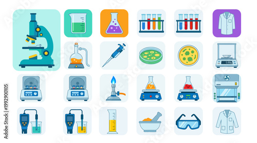 Scientists in lab coats conduct experiments with various equipment and tools.