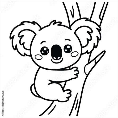 Cute koala bear clinging to a tree branch, black and white line