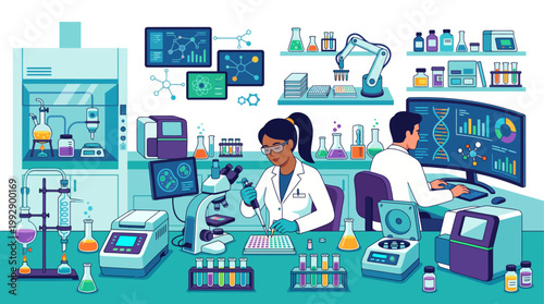 Scientists in lab coats working on experiments and research with various equipment