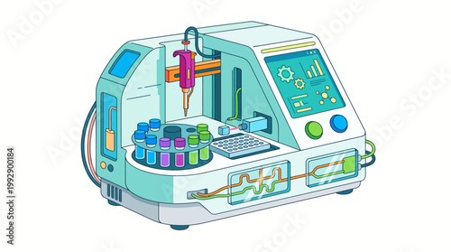 An illustration of a colorful 3D printer with various controls and a build plate inside a laboratory setting with technology.