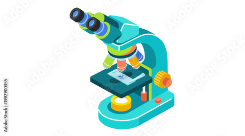 A colorful illustration of a microscope on a table in a science lab with various objects