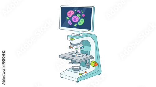 A microscope with a computer monitor displays cells on the screen in a laboratory setting.