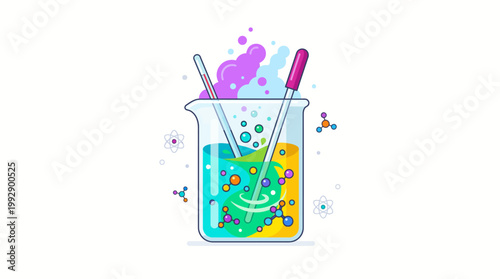 A colorful illustration of a beaker filled with green and orange liquids and molecular particles with a test tube and pipette on Science equipment.