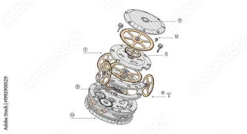 Detailed technical drawing showcases an exploded view of a complex mechanical device, rendered with precise linework and annotations against a clean white background, highlighting