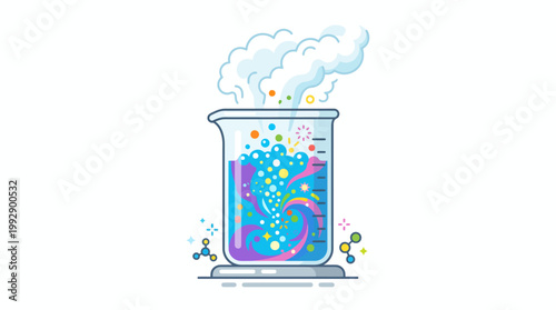A colorful beaker filled with swirling particles and smoke on a lab table