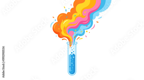 Colorful smoke bursts out of a test tube in a vibrant laboratory setting with swirling patterns.