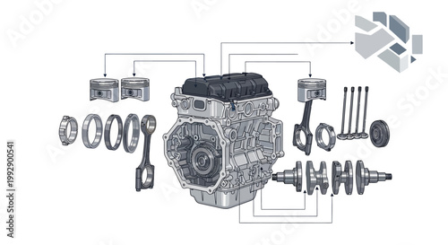 Detailed technical illustration of a car engine's internal components, including pistons, crankshaft, and connecting rods, arranged in an exploded view against a clean white background