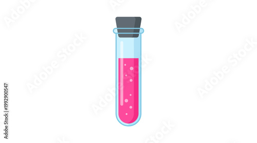 A laboratory test tube filled with pink liquid and white particles inside.
