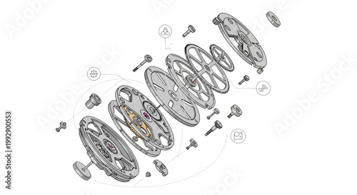Exploded diagram of a watch movement and components shown with a clean white background, presented in a technical illustration style that emphasizes the intricate design and construction