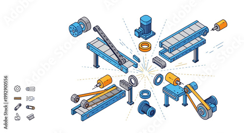 Isometric illustration showcases disassembled conveyor belt components, rendered with clean lines against a white backdrop, conveying a technical and informative mood with detailed parts