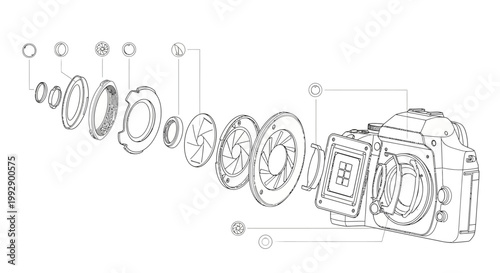 Technical line drawing shows a disassembled modern digital camera with its various components, including the lens, aperture, and sensor, set against a clean white background in a detailed