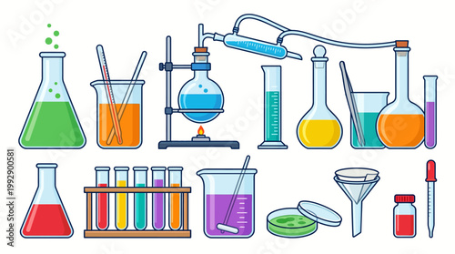 A colorful illustration of various science laboratory equipment and tools in a lab setting with beakers, flasks, and test tubes.