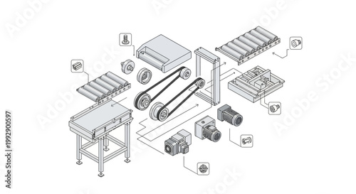 Detailed technical illustration showcasing an industrial conveyor belt system with various components arranged in an exploded view, presented in a clean, schematic style against a stark