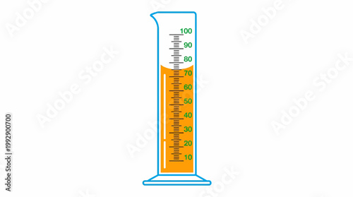 A tall laboratory measuring cylinder filled with orange liquid on a flat surface