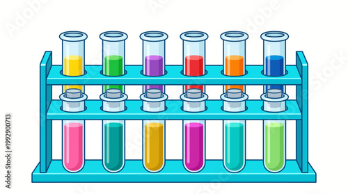 An illustration of a rack holding multiple colorful test tubes in a laboratory setting