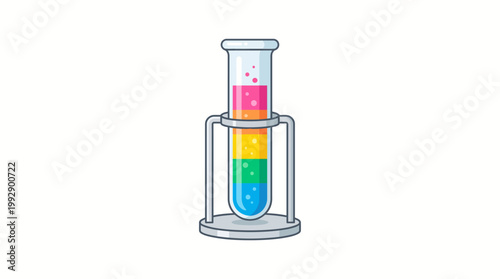A colorful liquid layered test tube sits in a metal holder.