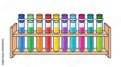 A colorful illustration of test tubes in a rack on a laboratory table indoors