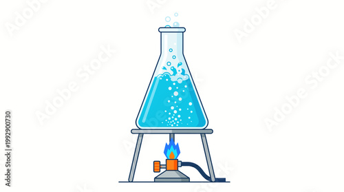A laboratory experiment with a blue liquid in a conical flask on a Bunsen burner