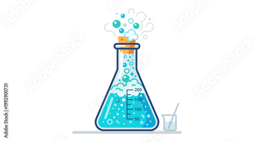 A scientist mixes a colorful liquid in a flask with bubbles rising.