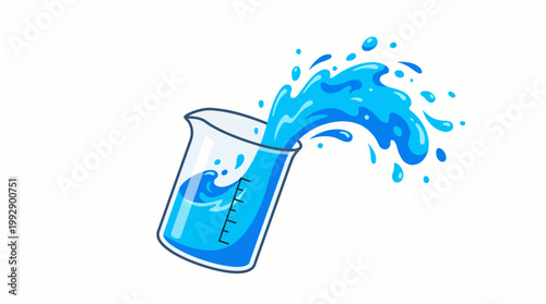 A beaker spills blue liquid in a science lab setting.