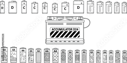 Battery and Accumulator Icon Set with AA, C, D Cell Types and Car Battery for Energy, Power, and Electronics Design Projects