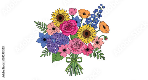 Colorful bouquet of flowers with sunflowers and roses
