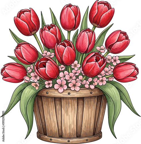 Watercolor Red Tulips and Pink Flowers in Wood Barrel