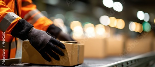 The Package on the Conveyor Belt in a Busy Warehouse Sorting Facility