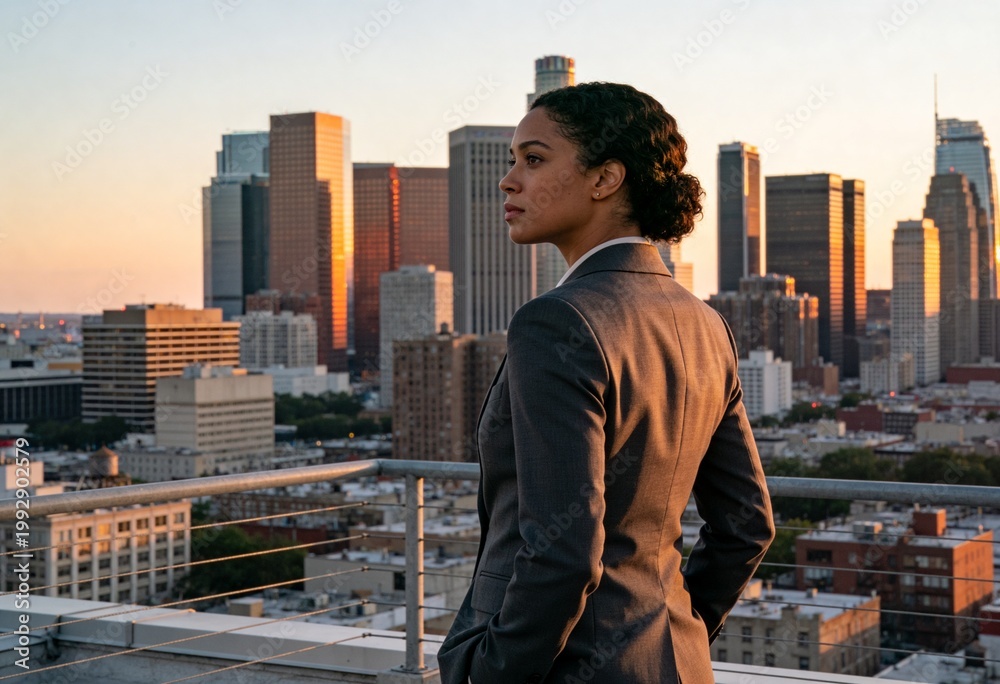 Naklejka premium Businesswoman in professional suit standing on a rooftop looking at the Los Angeles skyline at sunset, leadership and vision for urban career growth and success