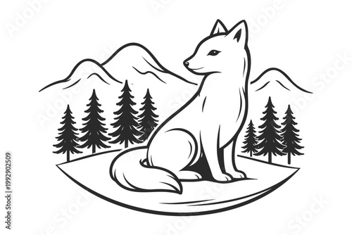 Minimal Forest Fox Vector Illustration with Mountain Landscape, Line Art Black & White Animal Design