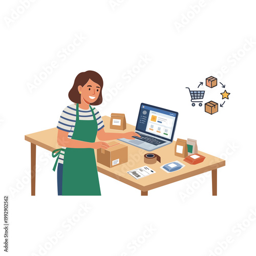 Woman packing parcels at a desk with a laptop and items