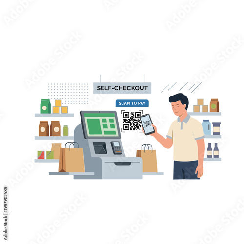 Man scans QR code at self-checkout in grocery store with shelves