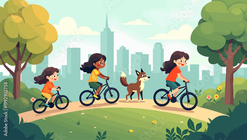 A peaceful illustration depicting a bicycle path winding through a green landscape. Ideal for content related to outdoor activities, recreation, and a