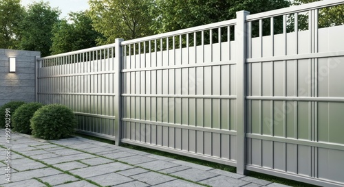 Modern silver fence encloses a backyard with paving and greenery