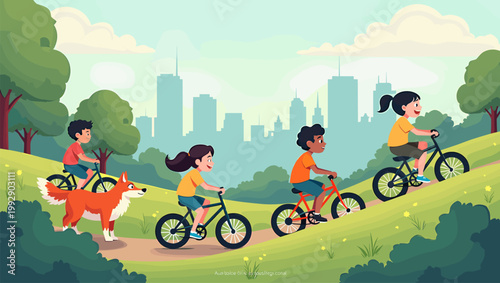 A playful illustration of a fox on a bike evokes a sense of freedom and adventure. Ideal for children's content, whimsical branding, or promoting outd