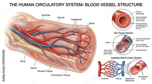 Comprehensive illustration of human circulatory system blood vessel structure in the arm, labeling arteries, veins and capillaries with cross‑sections of tunica layers to compare lumen size, wall thic