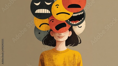 Conceptual Illustration of Woman with Multiple Emotional Masks Covering Head