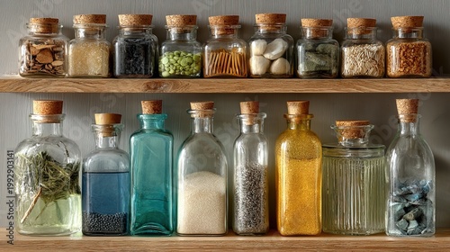 Assorted Collection Jars Full of Spices and Herbs on Wooden Shelves Still Life
