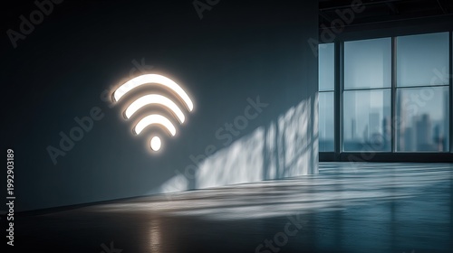 Minimalist Interior with Illuminated Wireless Internet Symbol on the Wall