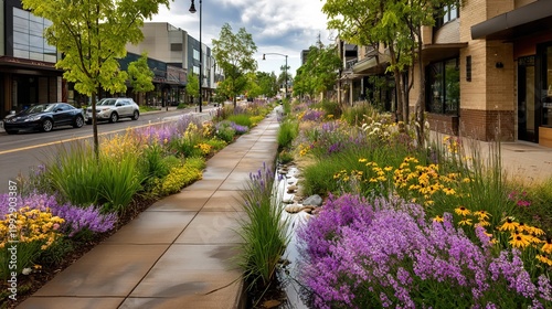 Vibrant Urban Oasis: Lush Flowerbeds Lining City Street with Green Trees