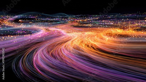 Abstract Dynamic Particle Stream Flow with Light and Color Landscape
