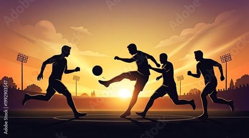 Soccer players silhouettes playing game on field at sunset with stadium lights and bright sky.