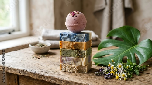 Stack of artisanal soaps and bath bomb on rustic wooden table with botanicals, representing natural bathing products.