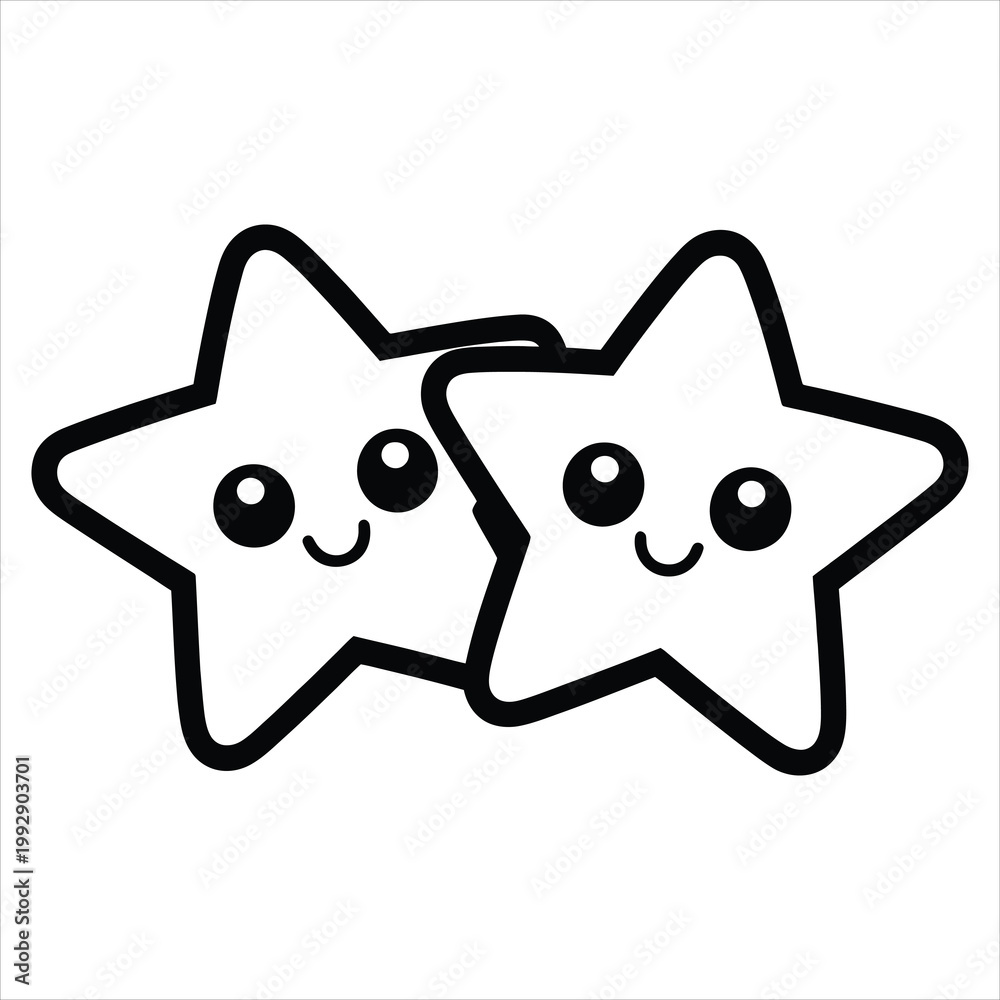 Fototapeta premium Two cute kawaii stars with smiling faces, black and white line